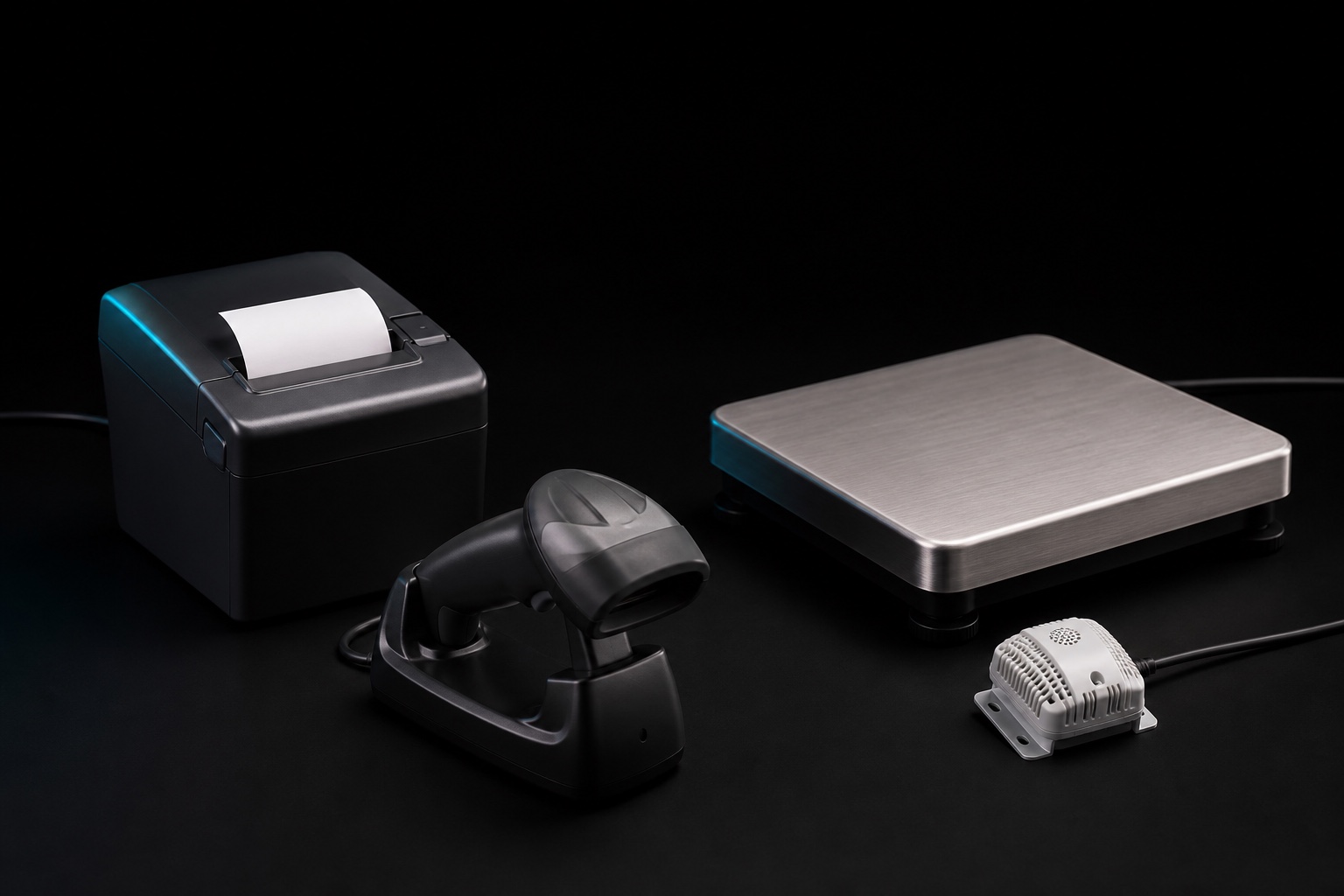 A thermal receipt printer, barcode scanner, stainless scale, and environmental sensor arranged on a black work surface.