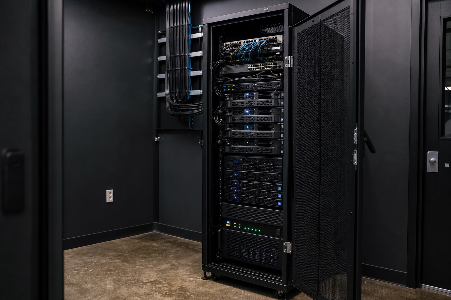 A professional on-premises server rack installed in a secure enterprise equipment room.