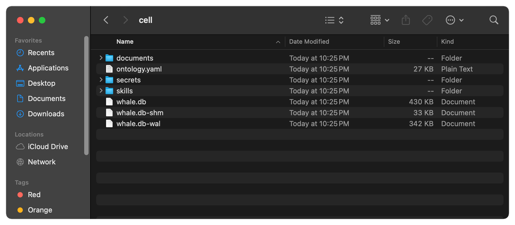 The cell folder in Finder: documents, ontology.yaml, secrets, skills, and the whale.db record
